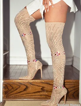 Shiny Rhinestone Over-the-knee Boots Women Stiletto Heel Pointed Toe Side Zipper Boots Luxury Banquet Street Shot Stage Boots - Aliexpress - FashionsVida