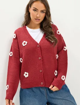 Women's Applique Flower Cardigan Sweater in Red Size: 22-24 - Red - Size: 22-24 - Yours - FashionsVida
