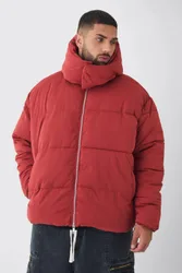 Herren Plus Extended Trichterkragen Kapuzen-Pufferjacke in Rostbraun Rust Größe 3XL