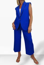 Piece Sleeveless Waistcoat & Cropped Leg Trouser Suit - Royal - Size: 18