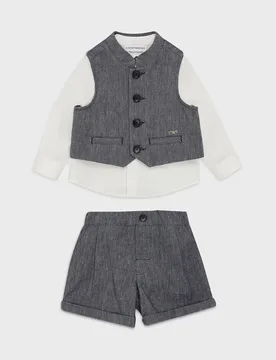 Completo tre pezzi composto da camicia bianca e gilet e bermuda blu in misto lino e cotone - Emporio armani - FashionsVida
