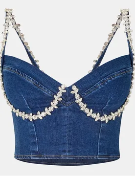 Womens Amylynn Bead Sweetheart Neck Spaghetti Strap Bustier Bodysuit In Blue - Size 6 Uk - Amy Lynn - FashionsVida