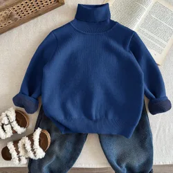 Suéter de cuello alto para niños, 1 pieza, estilo casual universitario, cómodo, color liso, versátil, corte holgado, forro térmico, para otoño e