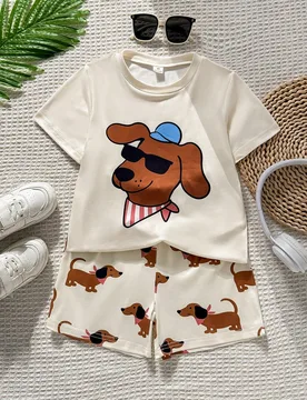 Set de 2 piezas de ropa de verano para niños pequeños, camiseta de manga corta color albaricoque claro con estampado de perro con gafas de sol linda - Shein - FashionsVida