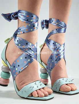 Mint Green Polka Dot Ankle Wrap Ribbon High Heel Sandals Open Toe Macaron Stack Sculptural Heel Sandals Sweet Party Women Shoes - Aliexpress - FashionsVida