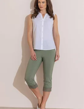 Lace Trim Cropped Stretch Trousers - Khaki - Size: 22 - Klass. - FashionsVida