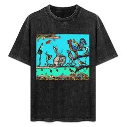 WEIRD MEDIEVAL BESTIARY MORNING MUSIC CONCERT OF RABBITS AND BIRDS IN TEAL BLUE by Bulgan Lumini T-Shirt