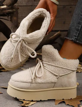 Zapatos de invierno con suela gruesa para mujer, botas de tobillo casuales con cordones, forradas térmicamente, cálidas para otoño/invierno, botas - Shein - FashionsVida