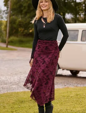 Women's Floral Flocked Asymmetric Skirt With Lace Up Detail in Burgundy Size: 8 - Burgundy - Size: 8 - Joe browns - FashionsVida