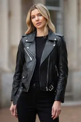 Women's 'Stella' Real Leather Fashion Biker Jacket in Black Size: 8 - Black - Size: 8