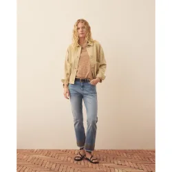 Pantalón 5 bolsillos denim bajo bordado de mujer