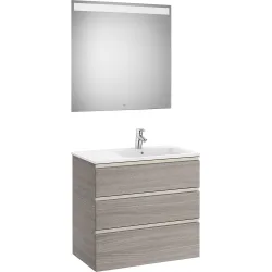 Conjunto con mueble de baño con 3 cajones, lavabo a la derecha y espejo con luz LED The Gap