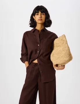 Pure Linen Collared Relaxed Shirt Brown female - Whistles - FashionsVida