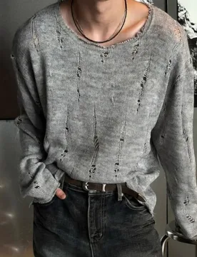 Brushed Hole Knitted Long Sleeved T-shirt Men Spring Autumn Vintage Niche Wandering Pullover Top Light Thin Lazy Style Sweater - Aliexpress - FashionsVida