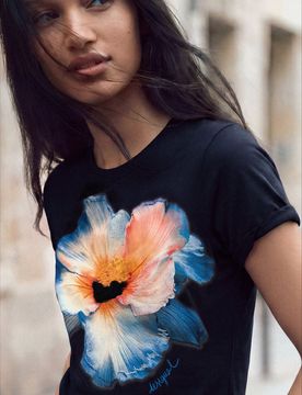 Camiseta flor grande, Mujer, Algodon, Azul, XS