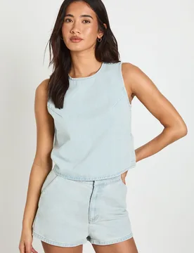 Womens Boxy Denim Vest Top - Blue Cotton - Size 12 Uk - Boohoo - FashionsVida