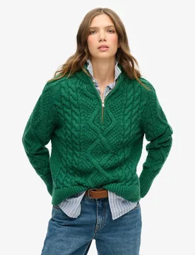 Superdry Damen Aran Zopfmusterpullover mit Halblangem Reißverschluss Grün - Größe: 44 - 89.99 - FashionsVida