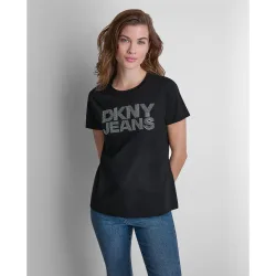 Camiseta de mujer de manga corta y cuello redondo con logotipo de tachuelas