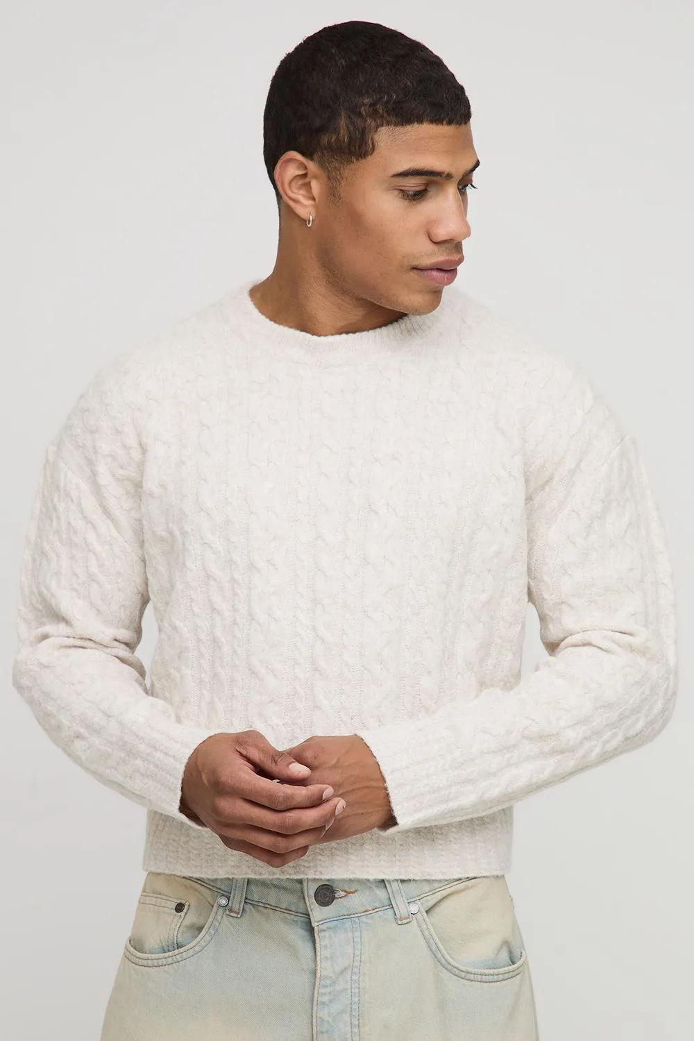 Mens Shrunken Boxy Extended Neck Cable Knitted Jumper - Ecru - Size X-Large - boohooMAN - FashionsVida