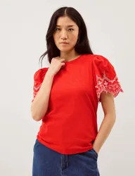 Pure Cotton Broderie T-Shirt Red female