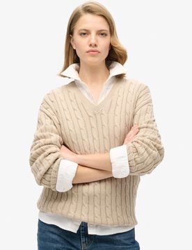 Superdry Damen Pullover mit V-ausschnitt und Zopfmuster in Übergröße Creme - Größe: 42-44