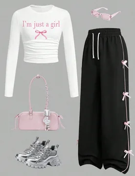 Conjunto de top de manga larga con estampado de letras y pantalones casuales con decoración de lazo para niña adolescente - Shein - FashionsVida
