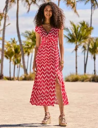 Geometric V-Neck Midi Waisted Dress Pink Mix female