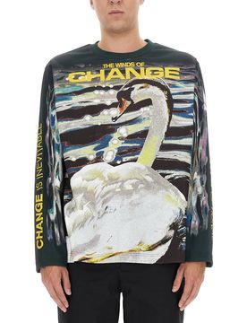 T-shirt in Synthetic Fabric with Swan Print