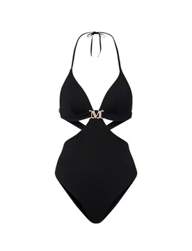 Costume intero Beachwear nero cut-out con logo metallico e laccetti regolabili - Max Mara - FashionsVida