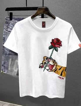 Rose Embroidered Short-sleeved T-shirt Men's 2025 New Summer Casual Loose Round Neck Half-sleeved Top - Aliexpress - FashionsVida