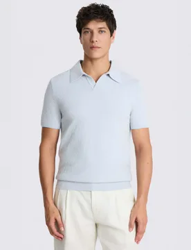 Cotton Rich Bouclé Knitted Polo Shirt Light Blue male - MOSS - FashionsVida