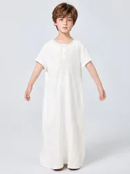 Middle Eastern Muslim Arab Dubai Turkish Solid Color Boys' Embroidered Short-Sleeve Thobe
