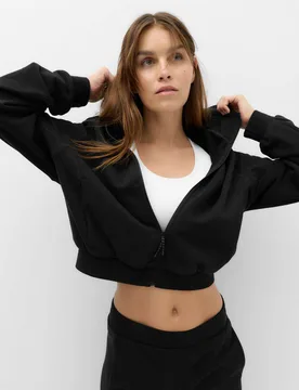 Cotton Rich Relaxed Crop Hoodie Black female - Goodmove - FashionsVida