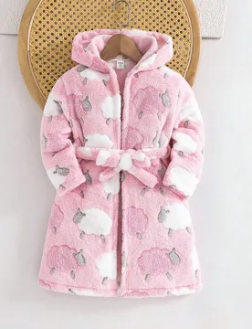 Ropa de dormir para niña joven con bata de peluche con capucha, manga larga y lazo con patrón de corazón - Shein - FashionsVida