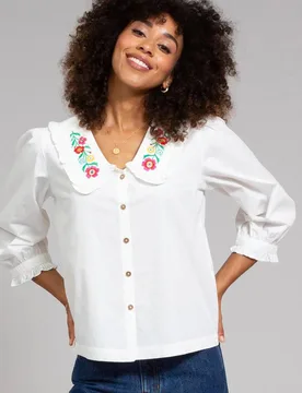 Women's Crendell Embroidered Collar Poplin Blouse in Cream Size: 8 - Cream - Size: 8 - Kite - FashionsVida