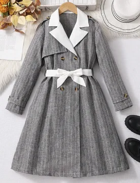 Vestido de estilo academia intelectual para niñas preadolescentes, gris a rayas, manga larga, cuello en contraste, para volver a la escuela - Shein - FashionsVida
