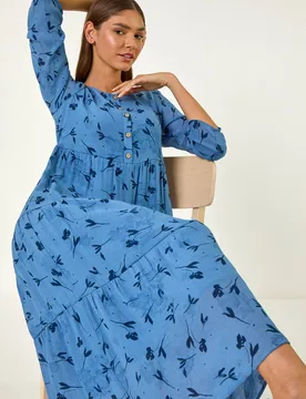 Women's Floral Print Button Midi Dress in Blue Size: 18 - Blue - Size: 18 - Roman - FashionsVida