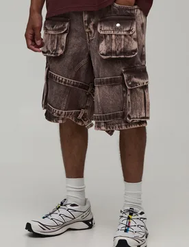 Mens Parachute Extreme Washed Multi Cargo Jorts - Brown Cotton - Size 34 Regular - boohooMAN - FashionsVida