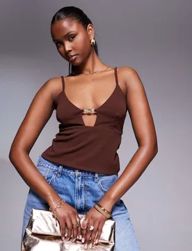 Womens Bust Cup Cami Top With Gold Trim In Brown - Size Medium - ASOS DESIGN - FashionsVida