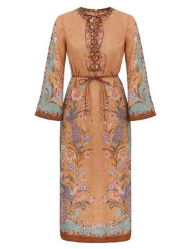 Style Linen Tie-Front Mini Dress with Detachable Belt, Gold-Tone Details, Side Slits (Size 0)
