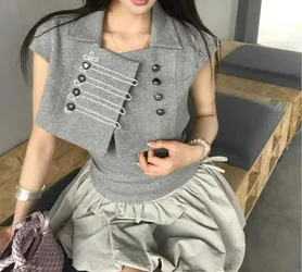 Double-breasted Front Shoulder Short-sleeved Suit Women's Summer New Short Vest Suspender Cardigan Two-piece Set