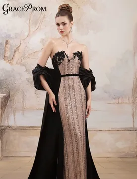 Dazzling Nude Mesh Strapless Black Floral Party Dress Dramatic Long Black Wrap Cape Evening Gown Wedding Guests فساتين سهرة - Aliexpress - FashionsVida