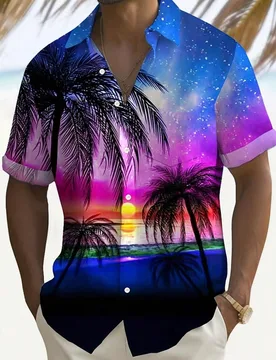 Camisa con bolsillo con estampado de palmeras hawaianas y paisaje de puesta de sol para hombre - Shein - FashionsVida