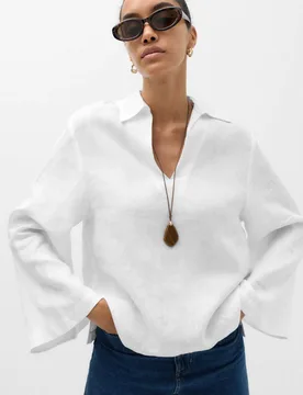 Pure Linen Collared V-Neck Top White female - M&S - FashionsVida