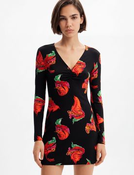 Mini robe tissu côtelé fleurs, Viscose, Noir, XS