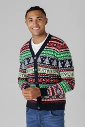Mens Festive Jacquard V-Neck Cardigan