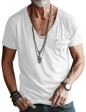 New Pocket T-shirt European and American Men's V-neck Solid Color Casual Short sleeved T-shirt - Aliexpress - FashionsVida