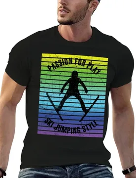 Black silhouette of a ski jumper against the background of rainbow stripes T-Shirt t shirts for man cotton funny T-Shirt - Aliexpress - FashionsVida