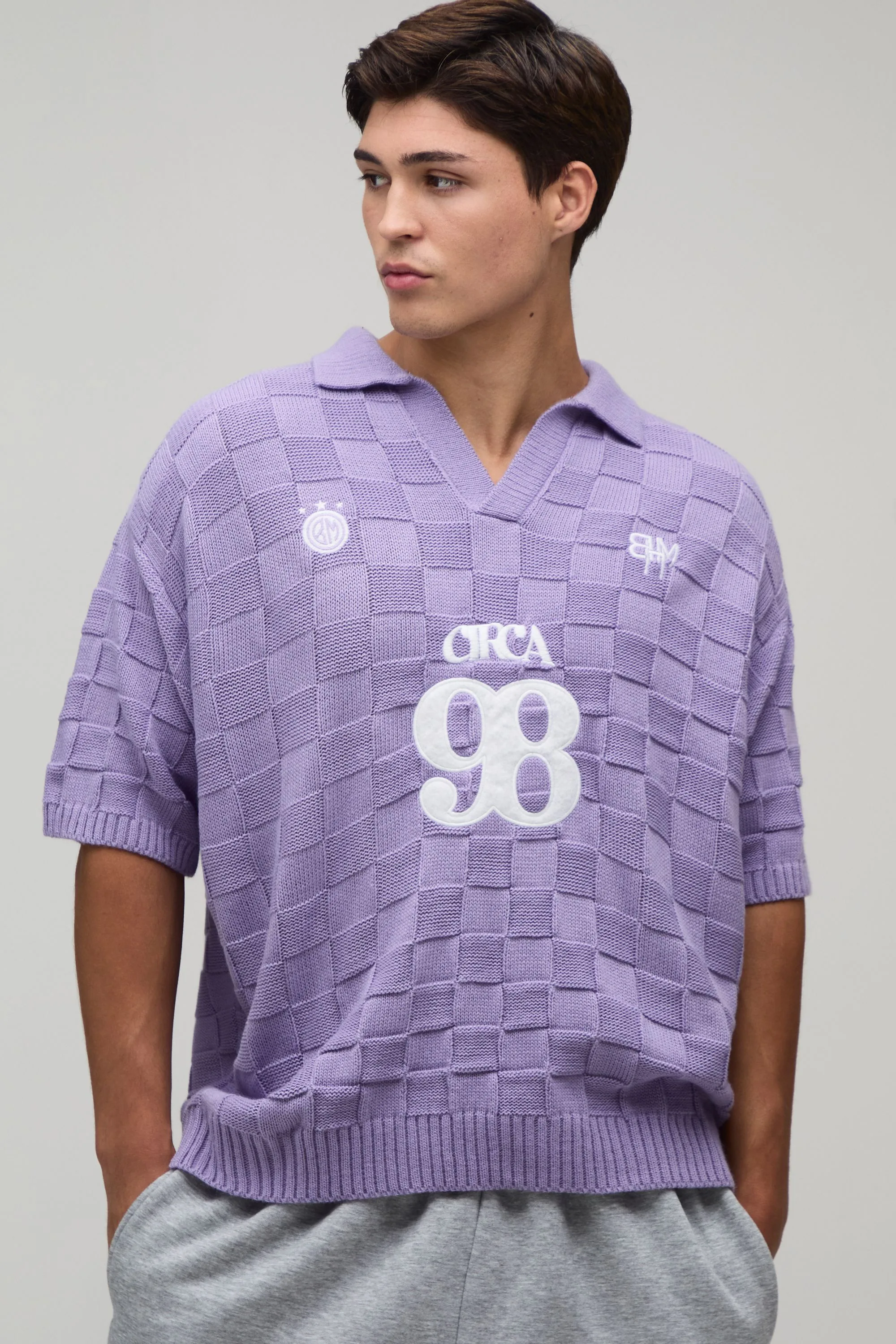 Mens Oversized Boxy Checkerboard Circa 98 Knitted Polo - Lilac - Size Medium - boohooMAN - FashionsVida