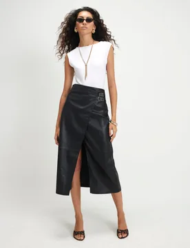 Faux Leather Buckle Detail Midi Wrap Skirt Black female - River Island - FashionsVida